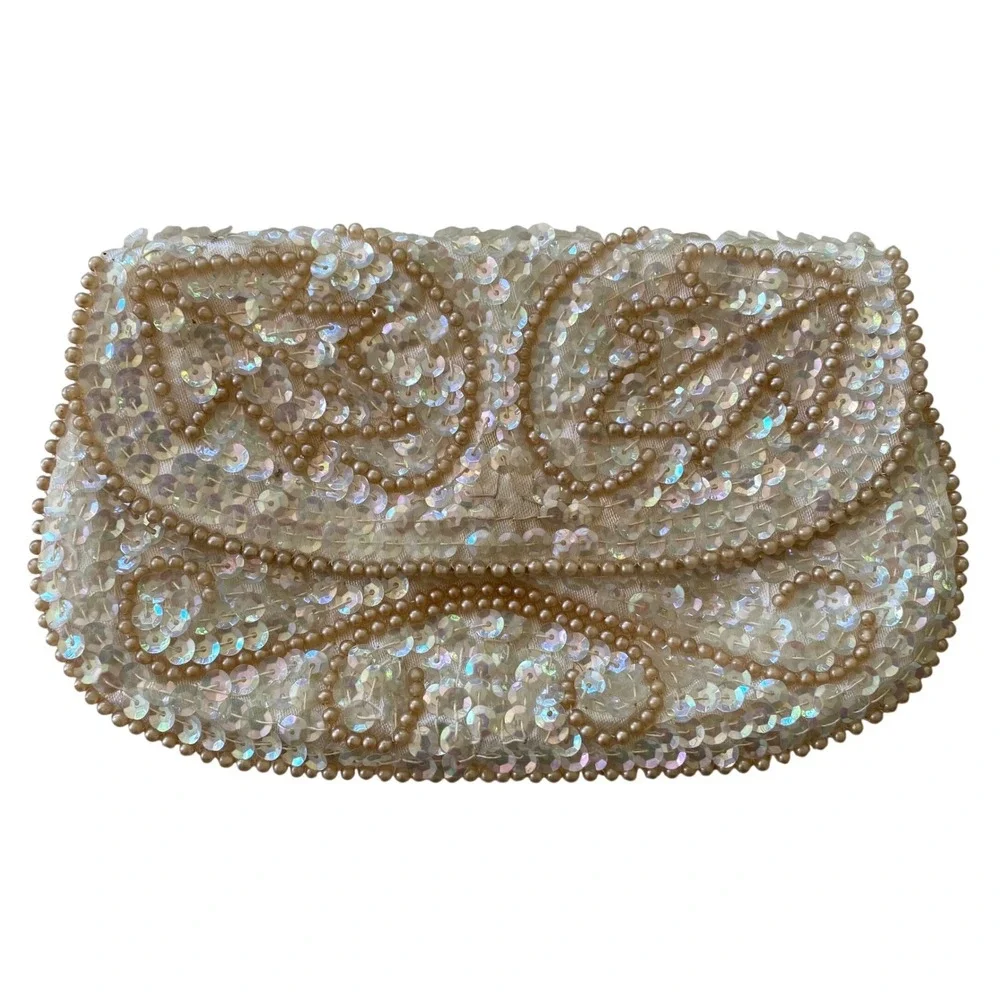 Vintage Miranda Clutch Cream Iridescent Sequin Faux Pearl Beaded Japan Retro